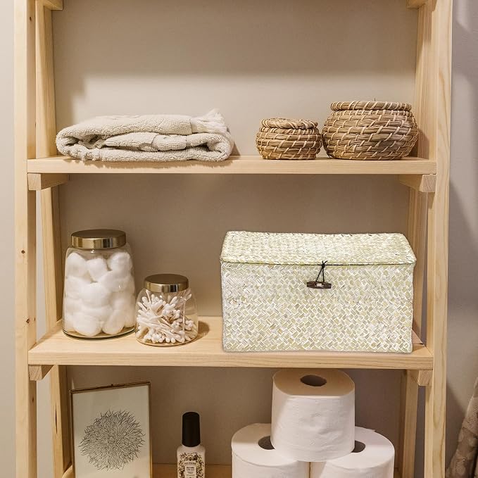 Hipiwe Seagrass Storage Basket Bins with Lid Handwoven Wicker Shelf Baskets | Rectangular Basket Household Organizer Boxes for Shelf Closet Bedroom Home Decor, Whitewash Medium - Image 8