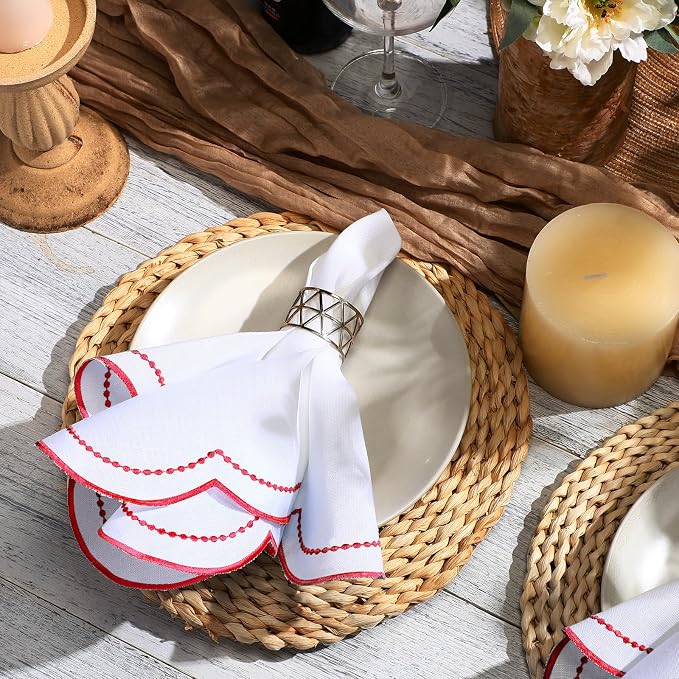 Hahafelt Cloth Napkins 18x18inches Scalloped Embroidery Cloth Napkins Washable Polyester Table Dinner for Hotel Restaurant Weddings Events Parties(Red,6 Set) - Image 4