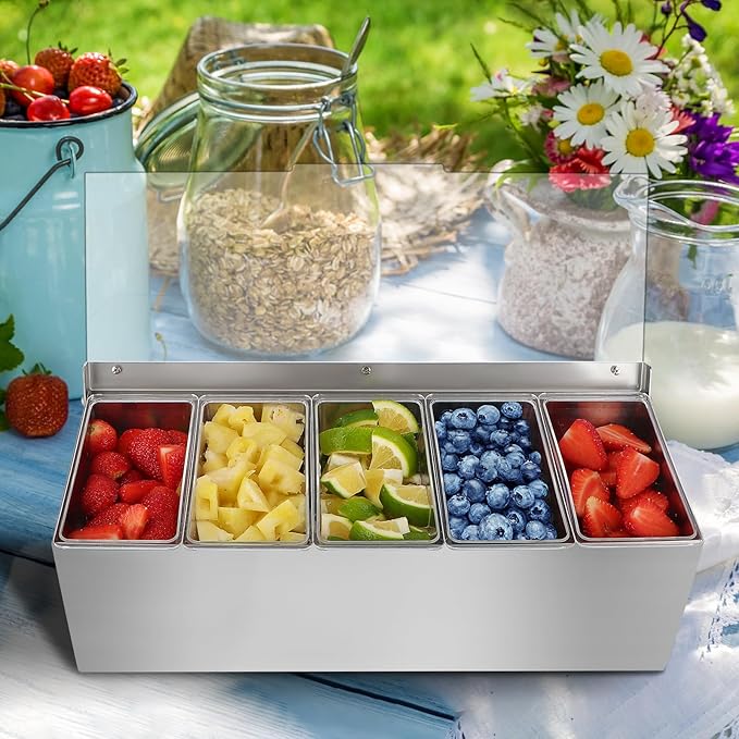 MOLIGOU Chilled Condiment Server, Stainless Steel Chilled Condiment Tray with Lid, Ice Fruit Serving Containers with 5 Removable Compartments - Image 6
