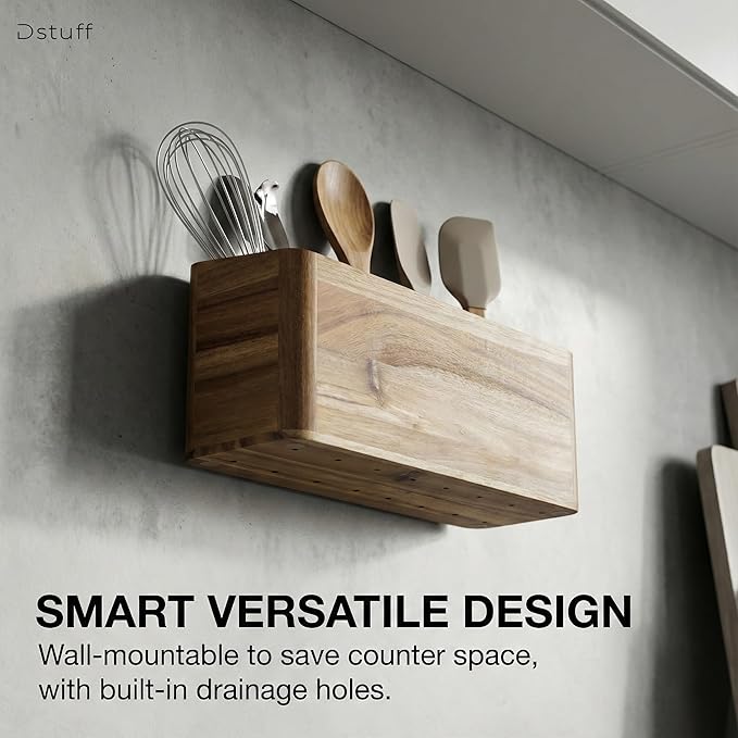 Dstuff Large Kitchen Utensil Holder Organizer for Counter or Countertop, Wooden Storage Container for Cooking and Silverware, Acacia Rustic Wood (4 Compartments) - Image 6