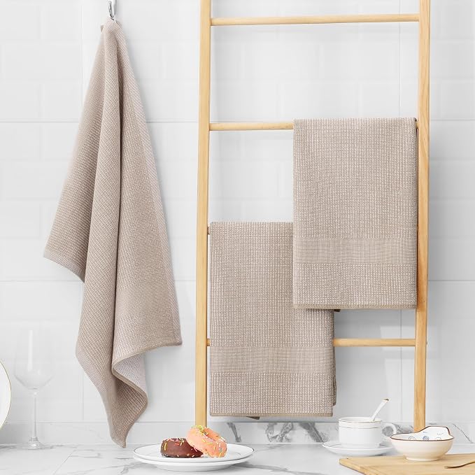 Homaxy 380 GSM Cotton Premium Kitchen Towels 12 Pack, 18"x 28", Khaki | Flat and Terry Dish Towels, Highly Absorbent Tea Towel Set with Hanging Loop, Soft Utility Kitchen Hand Towels - Image 6