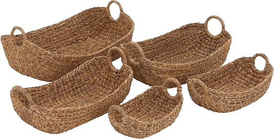 Deco 79 Seagrass Handmade Decorative and Functional Storage Basket Basket Organizer with Metal Handles, Set of 5 Basket for Storage 23", 21", 19", 16", 12"W, Brown by Deco79