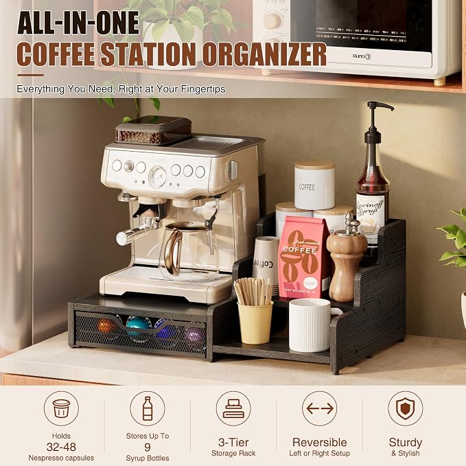 Coffee Station Organizer Compatible with Nespresso Vertuo Pods, Holds 48 Small or 32 Large Pods, 3-Tier Coffee Bar Organizer with K-Cup Holder, Coffee Pod Drawer & Syrup Cups Rack for Accessories - Image 4