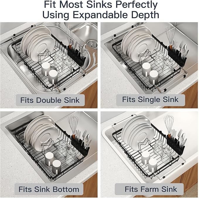 Dish Drying Rack Over The Sink with Utensil Holder, Mat | Expandable Stainless Steel Dish Drainer for Small Kitchen, Apartment, RV, Counter Space Saving, Perfect Fit, Rustproof - Image 5