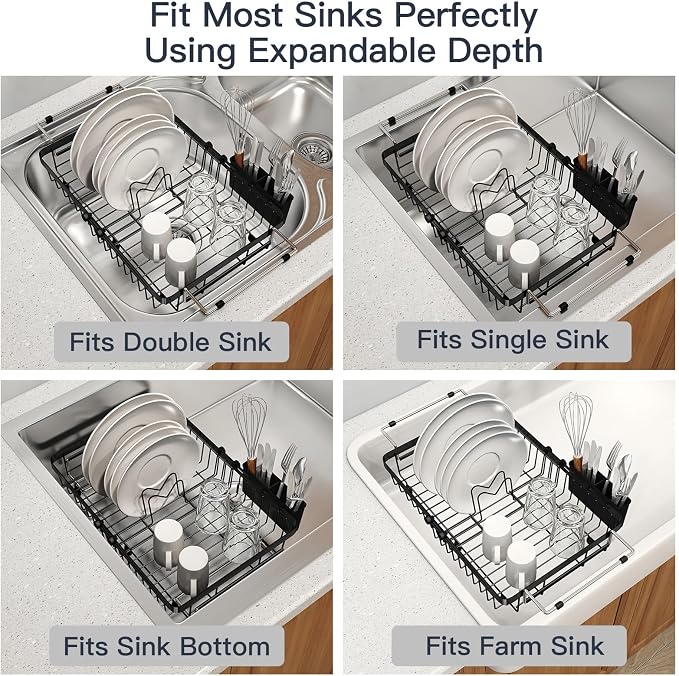 Dish Drying Rack Over The Sink with Utensil Holder | Expandable Stainless Steel Dish Drainer for Small Kitchen, Apartment, RV, Counter Space Saving, Perfect Fit, Rustproof - Image 4