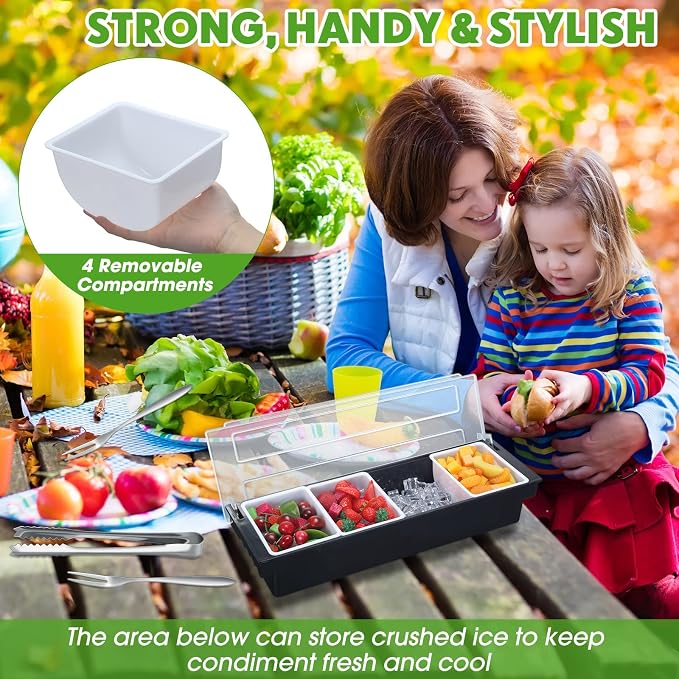 2 Pcs Garnish Tray with Lid for Bartender Condiment Caddy Removable Chilled Fruit Condiment Server with 6 Tong and 6 Fork for Serving Salad Bar Topping Organizer for Restaurant Supply(4 Compartments) - Image 6