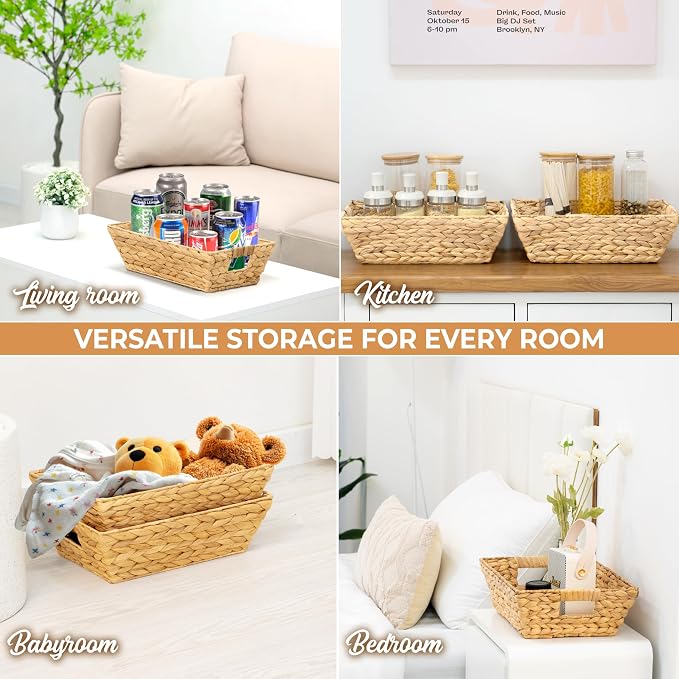 M4DECOR Set of 12 Water Hyacinth Wicker Storage Baskets for Shelves – Woven Snack Baskets for Organizing Pantry, Closet – Natural Storage Bins with Handles (12 Packs) - Image 5