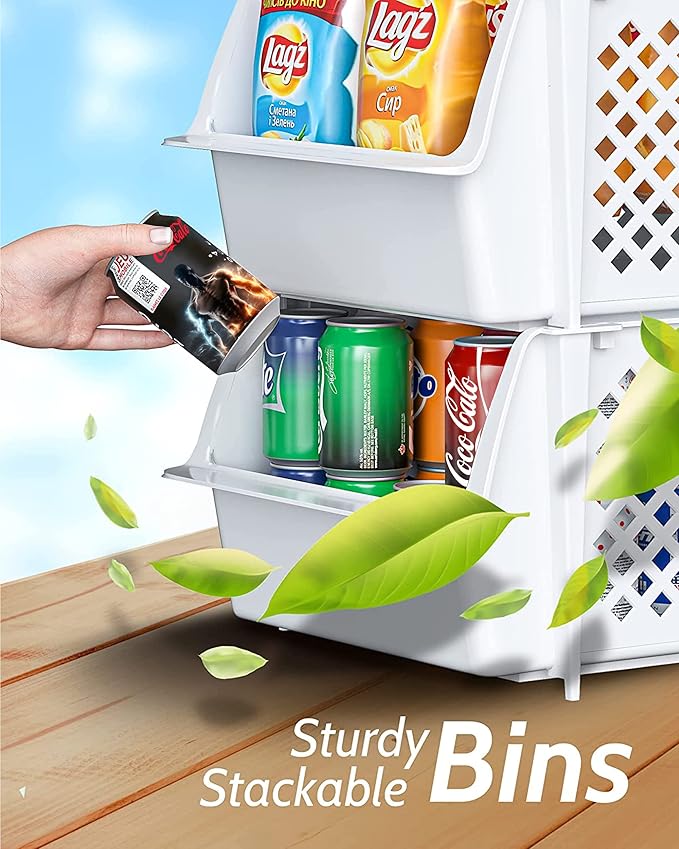 Skywin Stackable Storage Bins Open Front for Pantry Storage, 4 Pack - White | Sturdy Plastic, Easy Stacking, Open Front Access, Ventilated Sides, Vertical & Space Saving Pantry Organizers and Storage Bin - Image 6