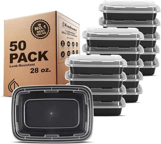 Freshware Meal Prep Containers 1 Compartment Food Storage Containers with Lids, Bento Box, BPA Free, Stackable, Microwave/Dishwasher/Freezer Safe (28 oz), 50 Count (Pack of 1) by Freshware
