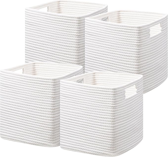 UBBCARE Set of 4 Cotton Rope Basket 13 X 13 X 13 Inches, Woven Storage Baskets for Shelves, Organizing with Handles, Cube Storage Bins for Storage Books, Magazines, White by UBBCARE