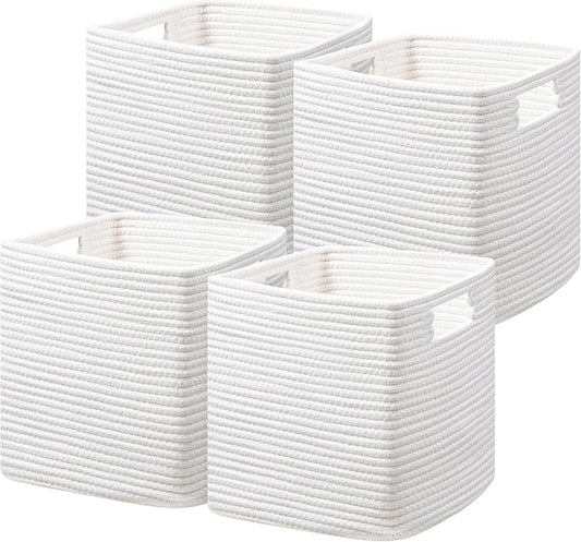 UBBCARE Set of 4 Cotton Rope Basket 13 X 13 X 13 Inches, Woven Storage Baskets for Shelves, Organizing with Handles, Cube Storage Bins for Storage Books, Magazines, White by UBBCARE