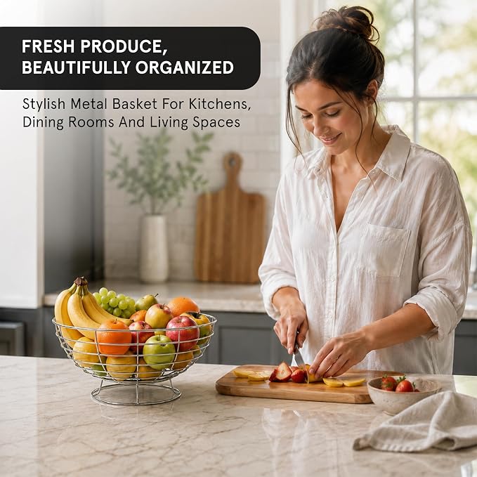 Metal Fruit Basket for Kitchen Counter, Chrome | Metal Fruit & Vegetable Storage Basket, Easy to Assemble, Kitchen Countertop Fruit Bowl - Image 3