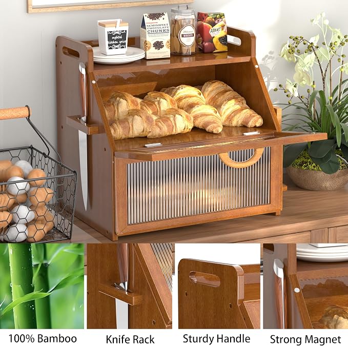 Bread Box for Kitchen Countertop, Large Bread Storage Container for Homemade Bread, Vintage Wooden Farmhouse Breadbox Organizers, Double Layer Bread Bin with Acrylic Window Bread Holder - Image 5