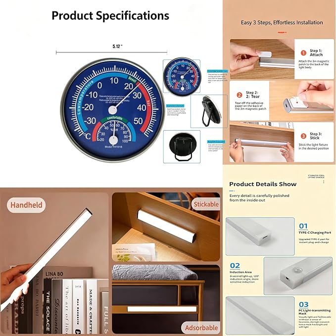 Under-Sink Organizer 2-Tier Expandable Cabinet Storage (4 panels 4 baskets) | LED Motion-Sensing Auxiliary Lighting Dial Thermometer Stainless Steel Telescopic & Adjustable Rust-Resistant - Image 9