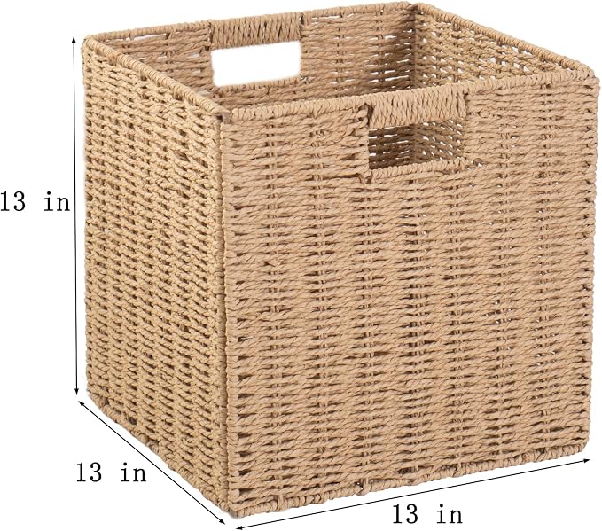 Foldable Square Baskets Set of 4, Paper Woven Storage Cube Bins with Handles for Shelves Cubby Organizing (Natural, 13'' x 13'' x 13'') - Image 2