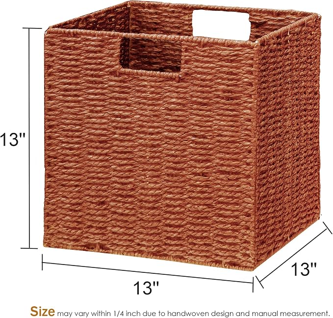 Wicker Storage Basket, Set of 2 Hand-Woven Paper Rope Wicker Basket, Foldable Cube Storage Bins, Square Large Storage Baskets for Organizing Shelves & Decor, Orange (13″×13″×13″) - Image 3