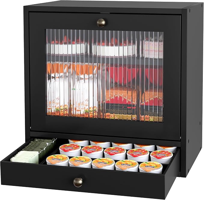 Alpeir Wooden Bread Box for Kitchen Countertop, Large Capacity with Ventilation Holes Adjustable Tiered-Shelf, Vintage Farmhouse Breadbox with Drawer & Window, Longer Freshness, Black by AlpeirDirect