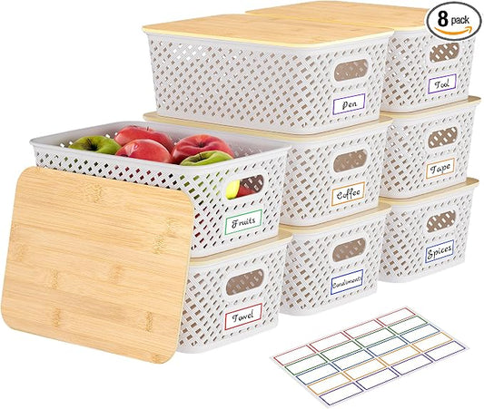 Anysig 8 Pack Plastic Storage Bins with Bamboo Lids, 5.2 QT Stackable Bins | Decorative Small Storage Basket Containers for Organizing Shelves Office Classroom Desktop Closet, Cream White by AnysigOfficial