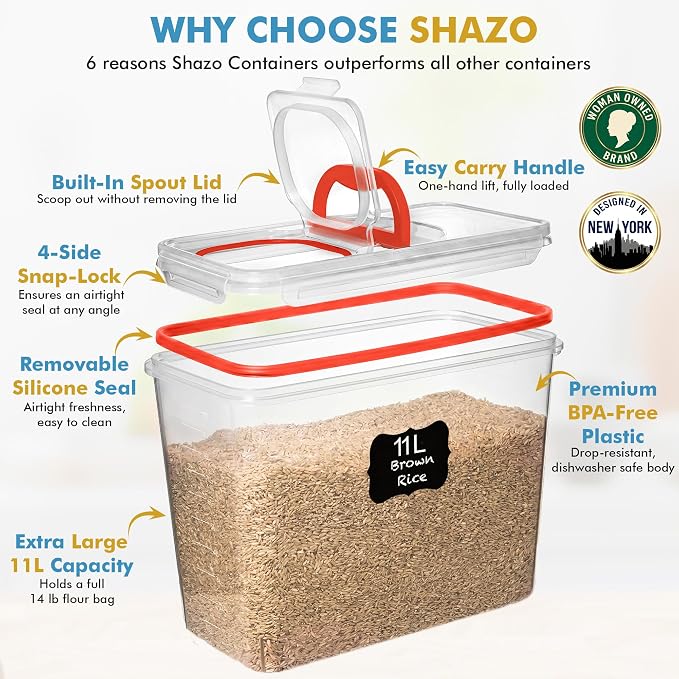Shazo 2 PC (11L | 372 oz) Flour Sugar Storage Containers with Spout Lid & Easy Carry Handle - BPA Free Extra Large Airtight Food Storage Containers with Lids - Rice Canisters Sets for Kitchen & Pantry - Image 4