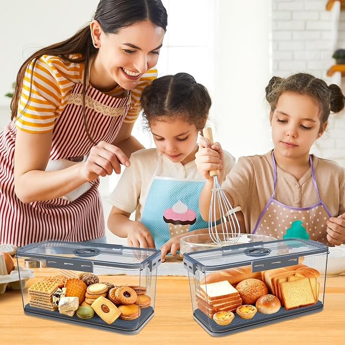 Honbuty 2PCS Bread Boxes,Bread Box for Kitchen Counter Airtight,Time Recording Bread Storage Container with Lid, Bread Keeper for Homemade Bread, Toast, Bagel, Donut and Cookies (Grey) - Image 6
