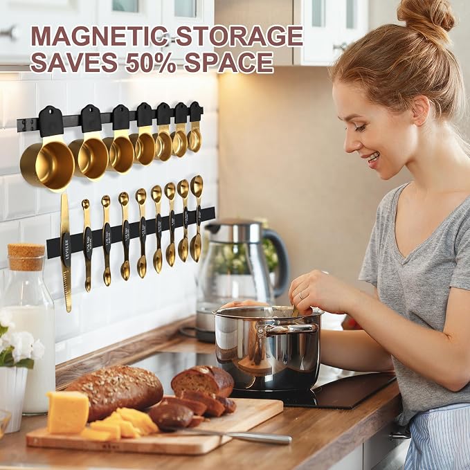 16-Piece Magnetic Measuring Cups and Spoons Set, Stainless Steel, Gold | 7 Silicone-Grip Cups, 8 Metal Spoons, 1 Leveler, US and Metric Marks for Dry & Liquid Ingredients, Kitchen Essentials Gadgets - Image 3
