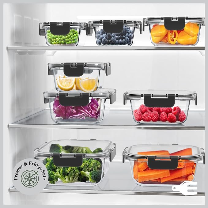 Emporio Kitchen Borosilicate Glass Food Storage Containers with Lids 24 Pieces, BPA-Free Stackable Lunch & Leftover Containers, Microwave, Freezer & Dishwasher Safe, 100% Airtight Leak-Proof, Black - Image 10