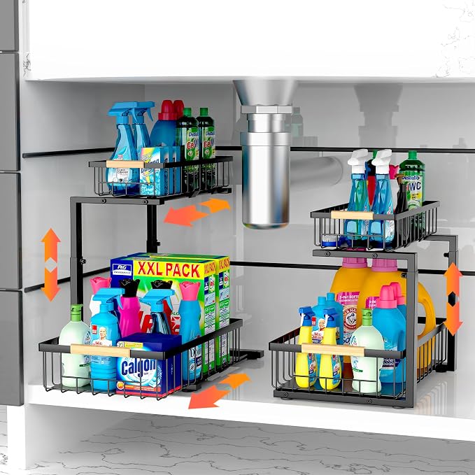 2 Pack Under Kitchen Sink Organizer, 2 Tier Pull Out Cabinet Organizer, Metal Under Sink Organizer, Sliding Drawer Organizer for Kitchen Bathroom Pantry Cabinet Closet - Image 5
