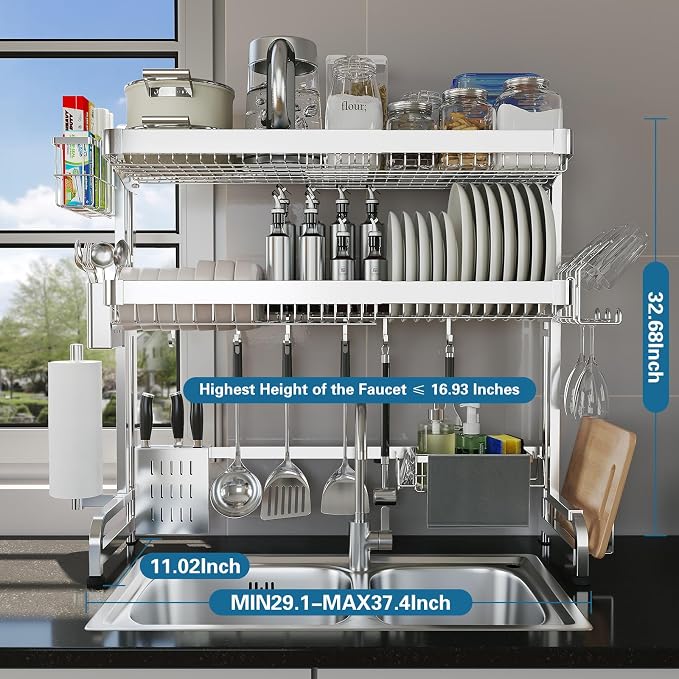 LIVOD Over The Sink Dish Drying Rack,3 Tier Adjustable Length Full Stainless Steel Large Storage Kitchen Dish Rack,for Kitchen Counter Expandable Multifunctional Organizers,Silver (25.5'' to 37.6'') - Image 6