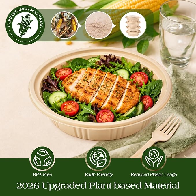 100 Piece (50 Pack) Meal Prep Bowl Containers with Lids, Cornstarch Round Food Containers for Lunch Salad Deli Soup, BPA Free Plant-based Take Out Containers Microwave & Freezer Safe, 16 oz - Image 3