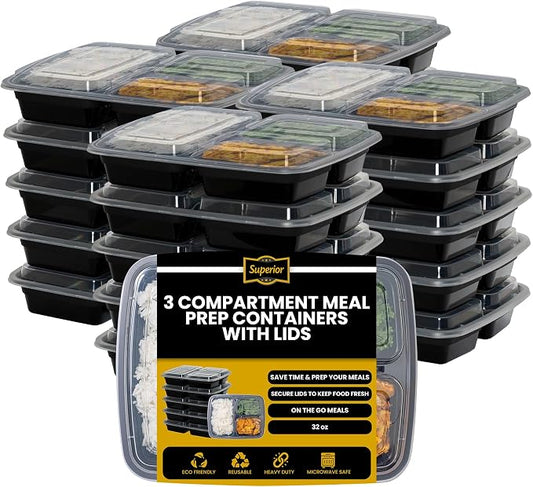 Superior 10 Pack Meal Prep Containers - 32oz Reusable 3 Compartment Food Containers–Microwave and Dishwasher Safe Prep Plastic Food Containers with Lid Divided Bento Box Lunch Tray by Unknown