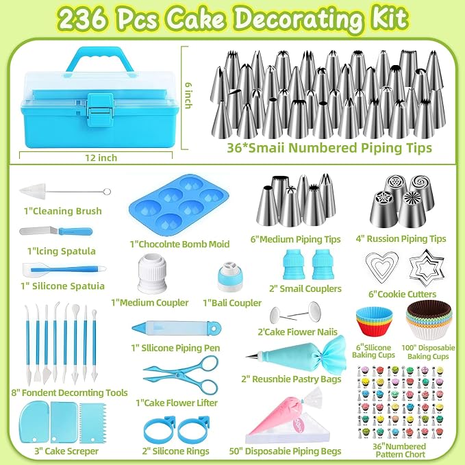 Suuker Cake Decorating Tools Supplies Kit, 236 Pieces | Baking Accessories with Storage Case, Frosting Piping Kit, 36 Numbered Piping Tips, Piping Bags and Tips Set - Image 7
