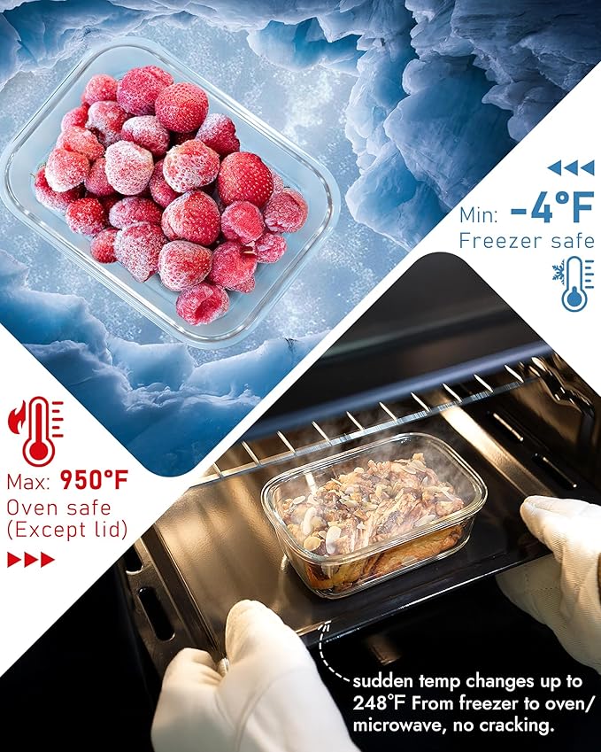12-Pack Glass Containers with Tempered Lids – Borosilicate, Oven-Safe(-4°F~950°F), Airtight, BPA-Free, Multi-Size for Meal Prep, Dishwasher Safe, 1.6 cups to 6.4 cups (Blue) - Image 4
