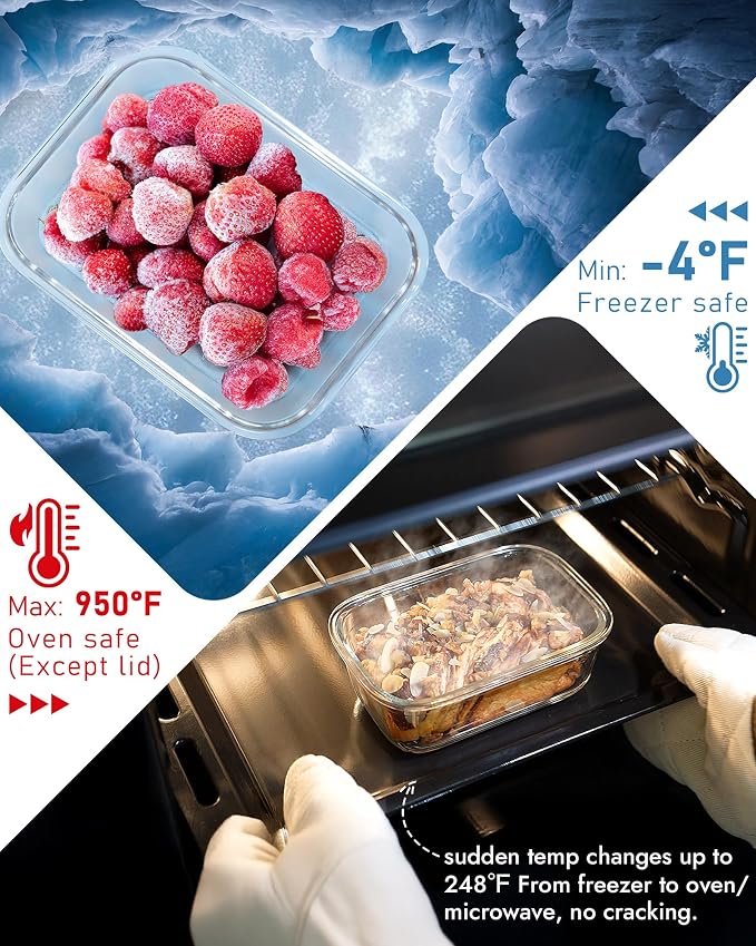 12-Pack Glass Containers with Tempered Lids – Borosilicate, Oven-Safe(-4°F~950°F), Airtight, BPA-Free, Multi-Size for Meal Prep, Dishwasher Safe, 1.6 cups to 6.4 cups (Blue) - Image 4