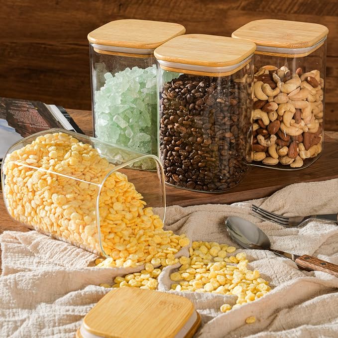 D2scrma 37oz Airtight Glass Square Storage Canisters with Bamboo Lid Set of 6 (1100ml) Stackable Containers, Kitchen Jars for Pantry Noodles, Flour and Coffee beans (‎with Black Lable) - Image 6
