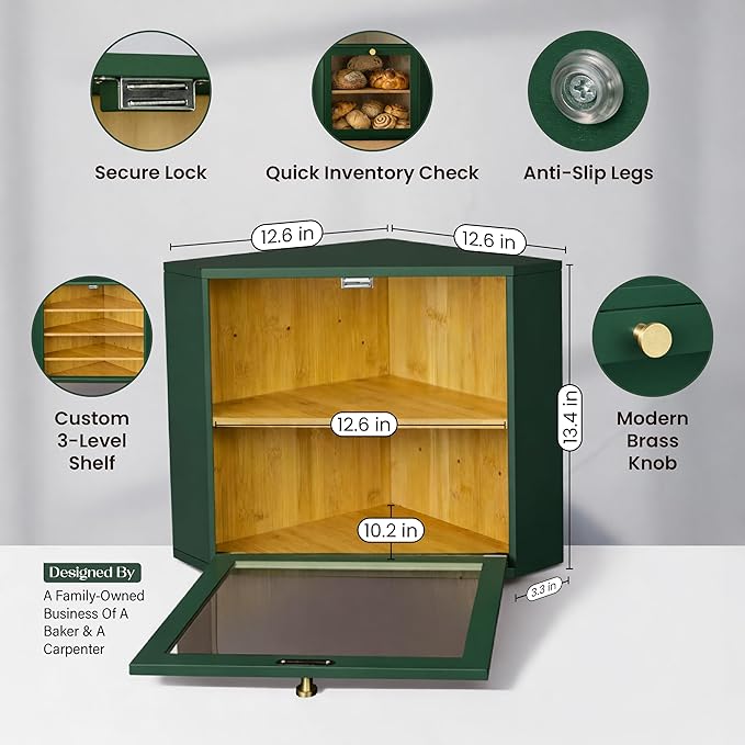 2 Tier Corner Bread Box for Kitchen Countertop, Green | Space-saving, food-safe bamboo corner countertop cabinet featuring a modern brass knob & controlled airflow. - Image 3