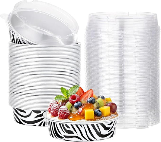 Beasea Mini Tart Pans with Lids 50 Pack, 4" 7.3oz Disposable Aluminum Foil Baking Tins Cups Round Pie Container for Individual Cupcake Dessert Muffin Cheesecake Quiche - Zebra Stripes by Beasea