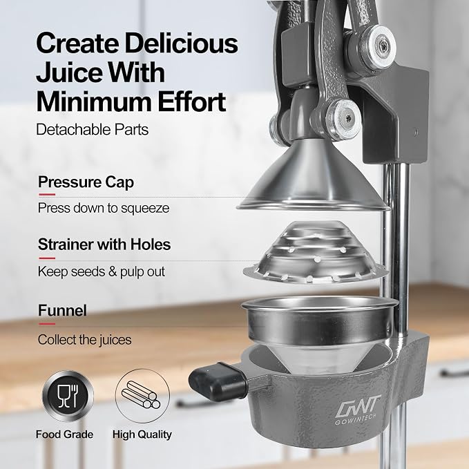 18 Inch Height Commercial Heavy Duty Cast Iron Hand Press Manual Orange Citrus Lemon Lime Grapefruit Pomegranate Fruit Juice Squeezer Machine with Stainless Steel Cup and Durable Base Grey - Image 5