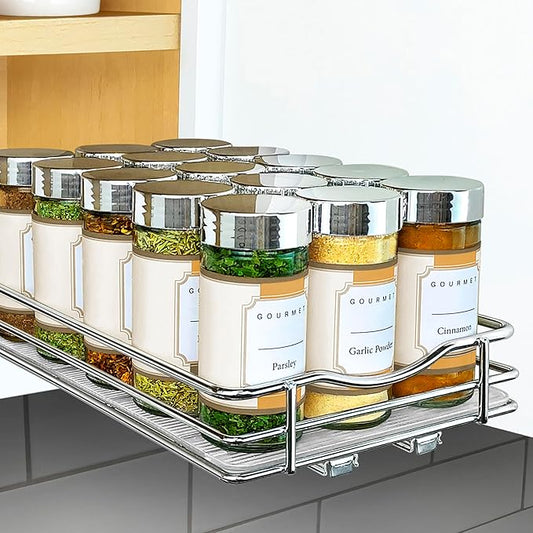 LYNK PROFESSIONAL® Pull Out Spice Organization for Cabinets - 6-3/8 inch Wide – Spice Rack for Inside Cabinets, Slide Out Spice Rack Organizer for cabinet – Pull Out Spice Rack, Sliding 1 Tier Chrome by LYNKPROFESSIONAL