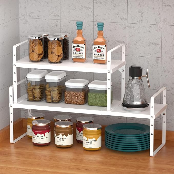 Expandable Kitchen Cabinet Storage Shelf, Stackable Metal Pantry Storage Shelves Organizer, Adjustable Height Counter Spice Rack for Kitchen Cabinet, Countertop, Pantry and Office - Image 2