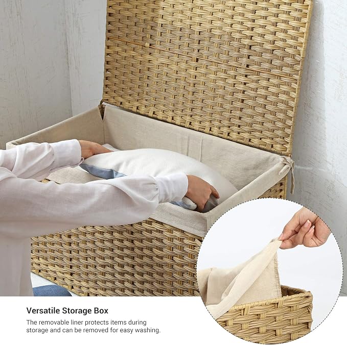 SONGMICS Storage Basket with Lid, Woven Blanket Storage Bin with Handles, Foldable, Removable Liner, Metal Frame, for Bedroom, Laundry Room, 42.3 Gallons (160 L), Natural URST76NL - Image 5