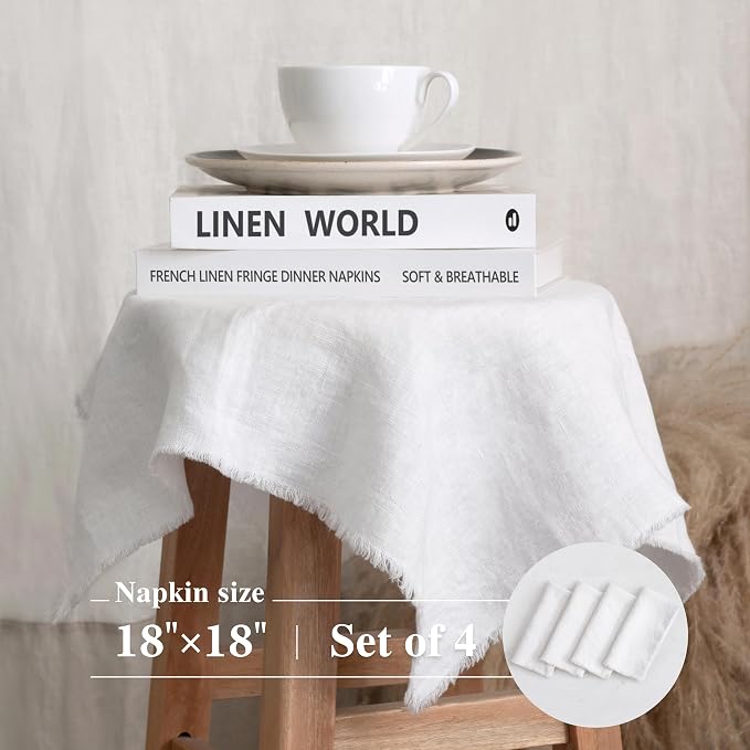 Linen World Fringe Linen Dinner Napkins 18x18 Inch,Soft and Breathable 100% French Flax Cloth Napkins,Stone Washed Set of 4(White Fringe) - Image 4