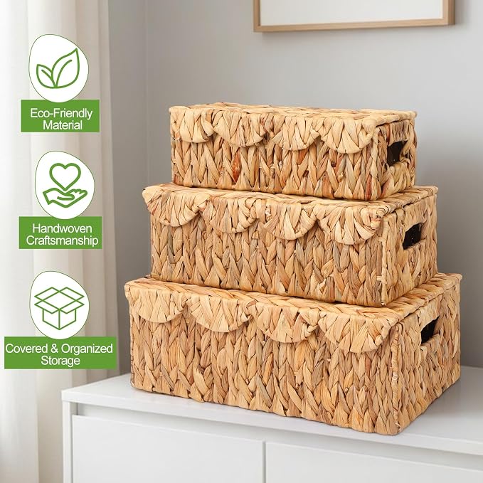 3 Pcs Large Wicker Storage Baskets with Lids 16" 14" 12" Scalloped Wicker Edge Basket Rattan Storage Rectangle Box Large Water Hyacinth Bins with Built in Handles for Living Room, Nursery - Image 3