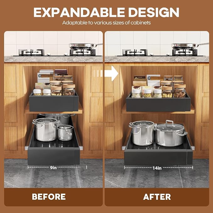 Seinloes 4 Pack Expandable Width (9"-14.1") Pull Out Cabinet Organizer 21" Deep with Raising Pad for Framed Cabinets, Upgrade 3 Slide Rails Slide Out Drawers, Roll Out Shelves Adhesive, Black - Image 3