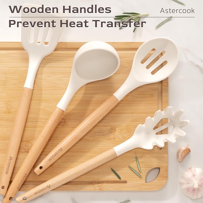 Astercook Kitchen Utensils set, 39 PCS Silicone Cooking Utensils Set with Wooden Handle, 446°F Heat Resistant Food Grade Utensil Sets, BPA Free Kitchen Gadgets Tools Set for Nonstick Cookware (Cream) - Image 5