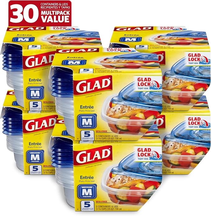 Glad GladWare Entree Food Storage Containers with Lids, Medium Square No BPA Plastic for Meal Prep and Lunches, Lock Tight Seal, Microwave and Dishwasher Safe, 25 Oz, 5 Count - 6 Pack by GladTrashFoodStorage