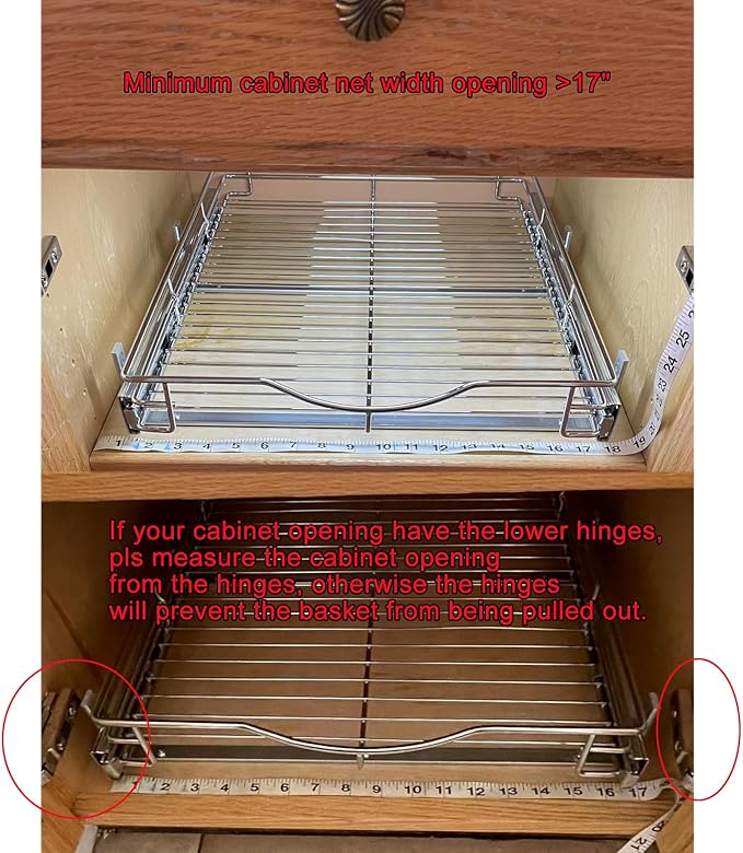DINDON 1 Tier Pull Out Cabinet Organizer (17" W x 21" D) Heavy-Duty Metal Sliding Drawer Shelf, Slide Out Wire Basket for Kitchen Cabinets, Pantry, Bathroom, Chrome Finish… - Image 3