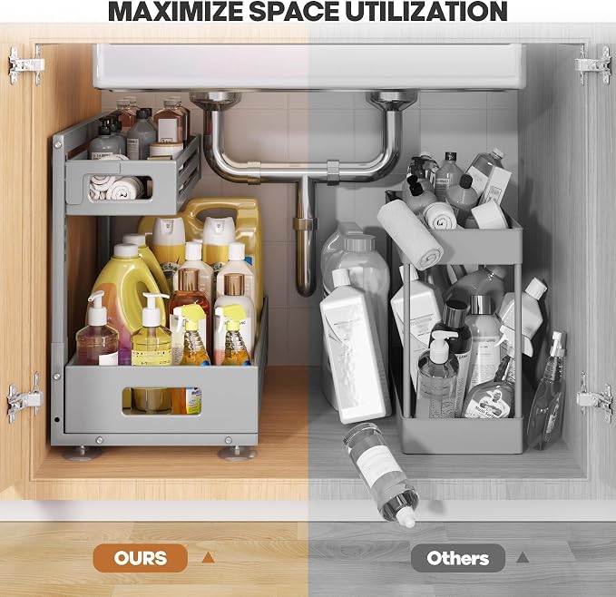 2 Pack 17IN-Depth Under Sink Organizer,Pull Out Cabinet Organizer With Smooth Cylindrical Rail,Metal Slide Out Drawer for Kitchen Bathroom Laundry,8-Level Tool Free Height Adjustable-Gun Gray - Image 6