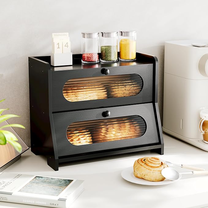 Bread Box,Extra Large 2-Tier Bamboo Bread Box for Kitchen Countertop,Bread Storage Container with Magnetic Acrylic Door for Homemade Bread,Under Cabinet,Pantry Organizer(Black) - Image 5