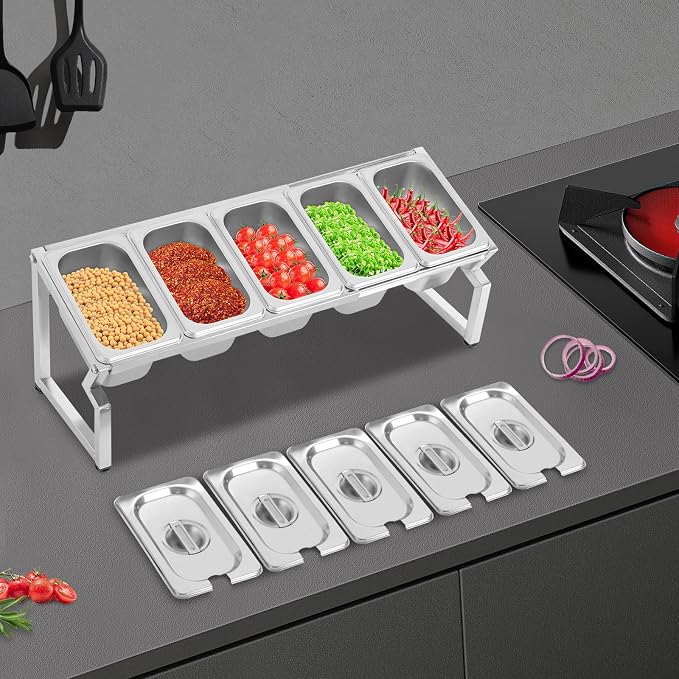 Expandable Stainless Steel Spice Rack Set,13.98"-41.3" Adjustable Countertop Seasoning Containers, Inclined Organizer Shelf w/ 5 1/9 Pans for Sauce Ingredients Fruits Toppings (5 Pans) - Image 4