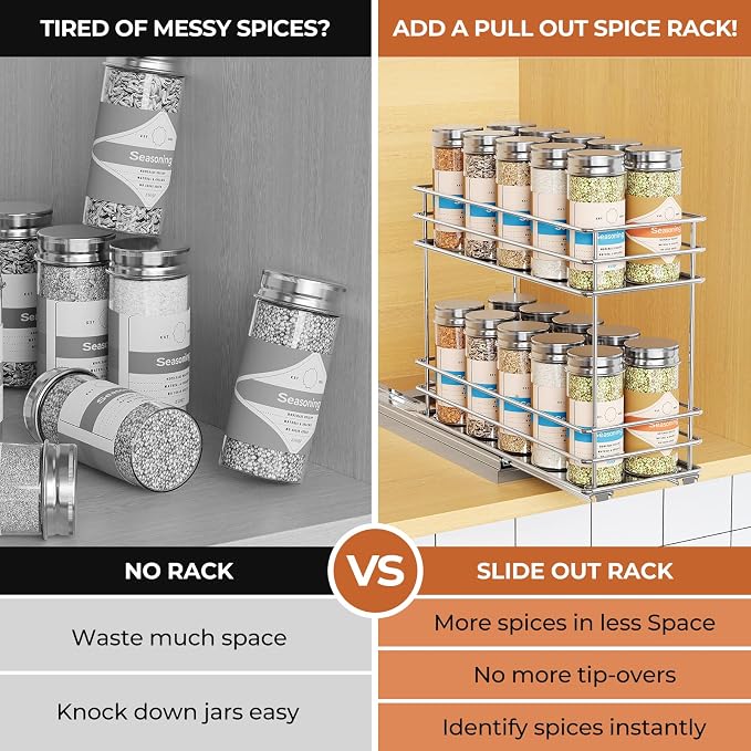 Mystozer Pull Out Spice Rack Organizer for Cabinet, Slide Out Spice Racks, Easy to Install, 4.33" Wx10.43 Dx8.66 H, 1 Drawer 2 Tiers(Silver) - Image 7
